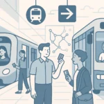 Ilustração de transporte no Japão com metrô e ônibus, cartões eletrônicos e mapas, destacando transporte no Japão