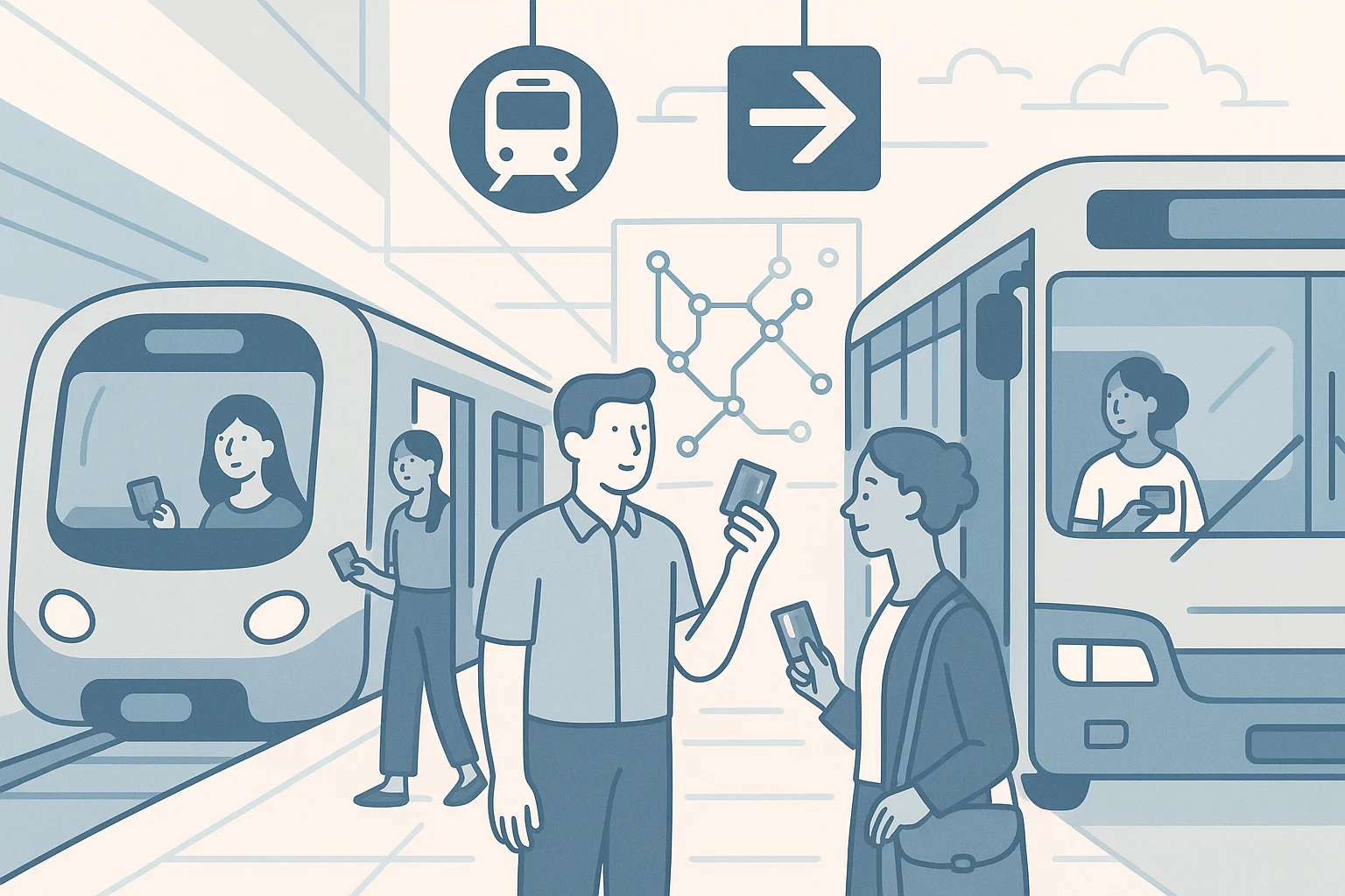 Ilustração de transporte no Japão com metrô e ônibus, cartões eletrônicos e mapas, destacando transporte no Japão